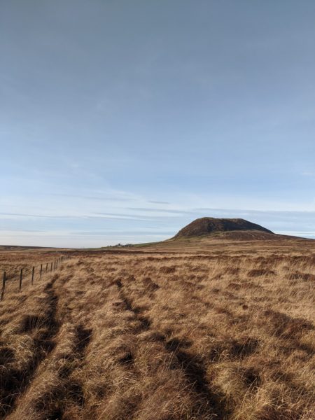 Slemish viewed from the southern approach, standing solitary and proud in the late evening sun